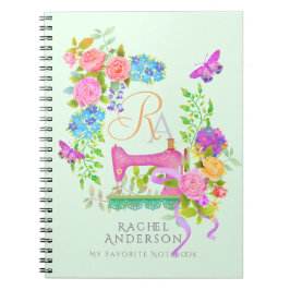 Caderno Espiral Monograma Floral de Friso de Costura Verde