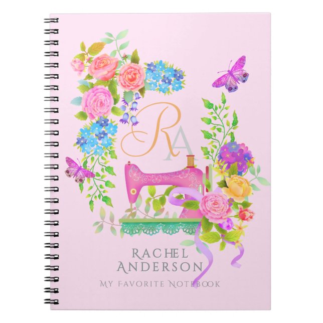 Caderno Espiral Monograma Floral de Friso de Seala Rosa (Frente)