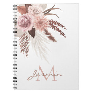 Caderno Espiral Monograma Floral de Grama de Pampas Rosa Boho