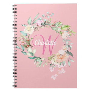 Caderno Espiral Monograma Floral de Rosas Bonitas Rosa
