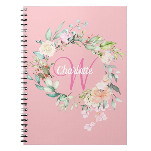 Caderno Espiral Monograma Floral de Rosas Bonito rosa (Frente)