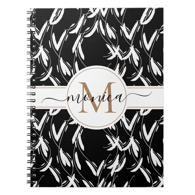 Caderno Espiral Monograma Floral Dourado Preto e Branco (Frente)