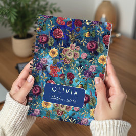 Caderno Espiral Monograma Floral em Aquarela Azul Elegante