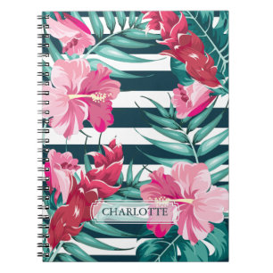 Caderno Espiral Monograma Floral Exótico de Verão, listrado