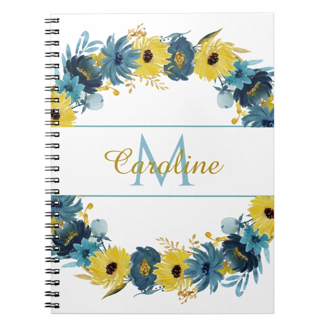 Caderno Espiral Monograma Floral Floral de Outono Dourado Azul (Frente)