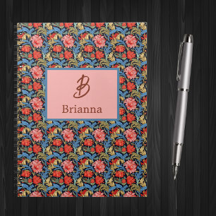 Caderno Espiral Monograma Floral Rosa Azul Estilo William Morris