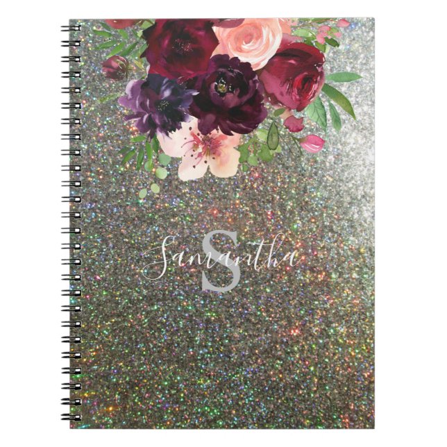 Caderno Espiral Monograma Floral Rosa-Brilhante - Glitor Prateado (Frente)
