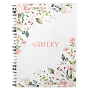 Caderno Espiral Monograma Floral Rosa Nome Personalizado por Aquar