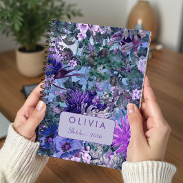 Caderno Espiral Monograma Floral Roxo Azul Elegante