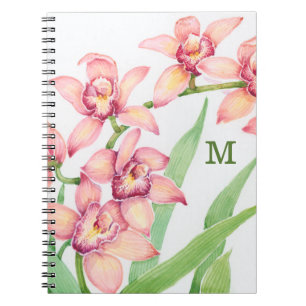 Caderno Espiral Monograma  Flores Rosa Aquarela