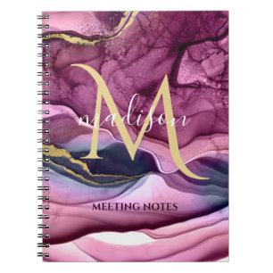 Caderno Espiral Monograma Geodo de Ágata Roxo Rosa e Dourado