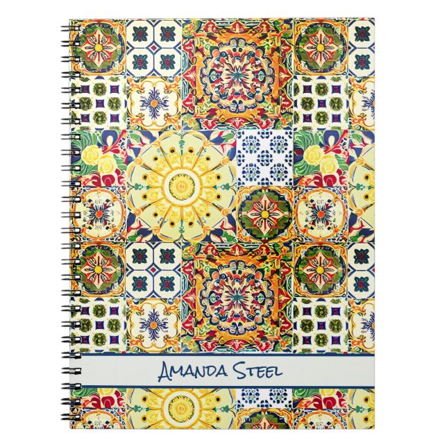 Caderno Espiral Monograma geométrico dos azulejos de laranja medit (Frente)