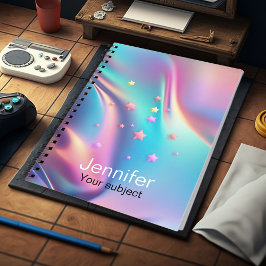 Caderno Espiral Monograma holográfico de estrelas unicórnicas chic