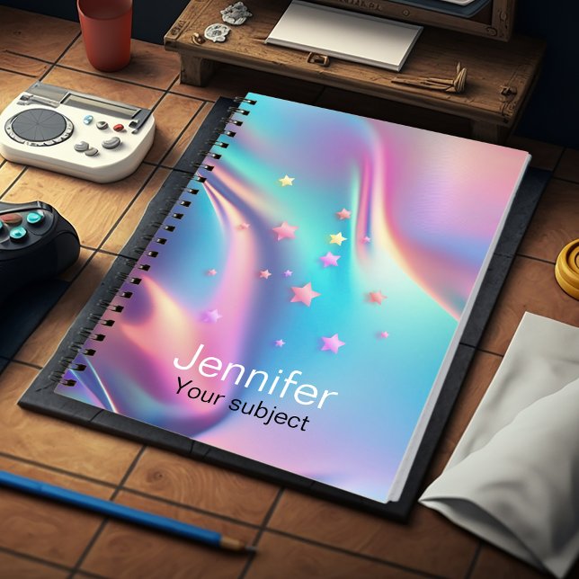 Caderno Espiral Monograma holográfico de estrelas unicórnicas chic (Criador carregado)
