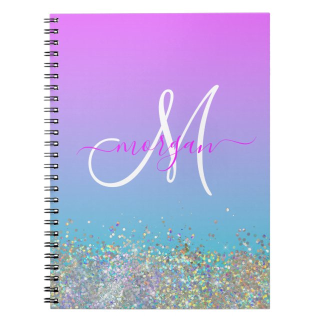 Caderno Espiral Monograma Holográfico de Lâmpada Azul Roxo (Frente)