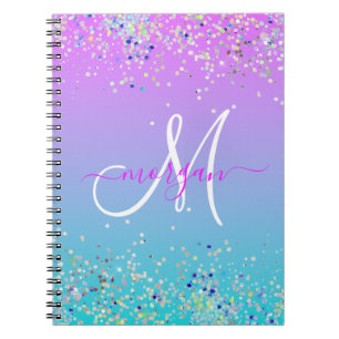 Caderno Espiral Monograma Holográfico de Lâmpada Azul Roxo