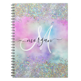 Caderno Espiral Monograma Holográfico Glitter Arco-Íris Pastel