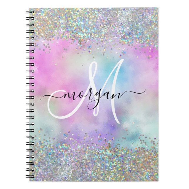 Caderno Espiral Monograma Holográfico Glitter Arco-Íris Pastel (Frente)