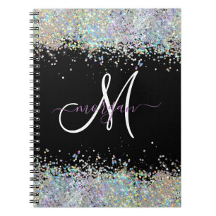 Caderno Espiral Monograma Holográfico Glitter Arco-Íris Pastel