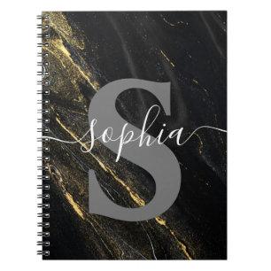 Caderno Espiral Monograma inicial Dourado de mármore preto persona