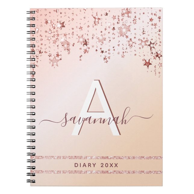 Caderno Espiral Monograma irado rosa dourado estrelas cintilantes  (Frente)