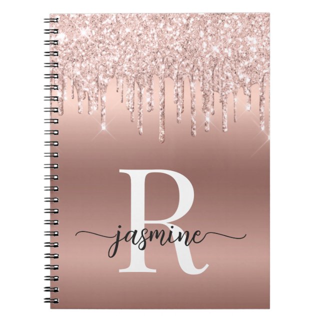 Caderno Espiral Monograma Letra Cursiva Dourado Rosa Metal Brilho  (Frente)