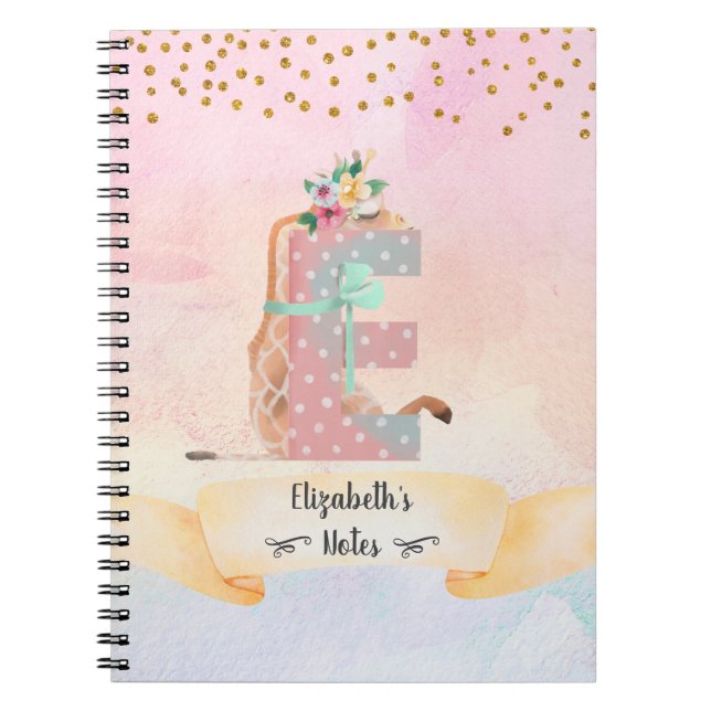 Caderno Espiral Monograma - Letra E Baby Giraffe Girl Diário (Frente)