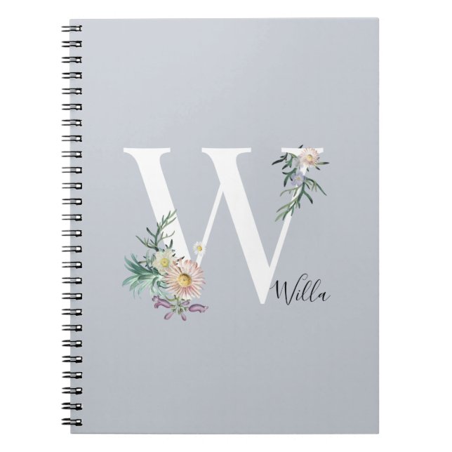 Caderno Espiral Monograma - Letra W Floral Personalizada (Frente)