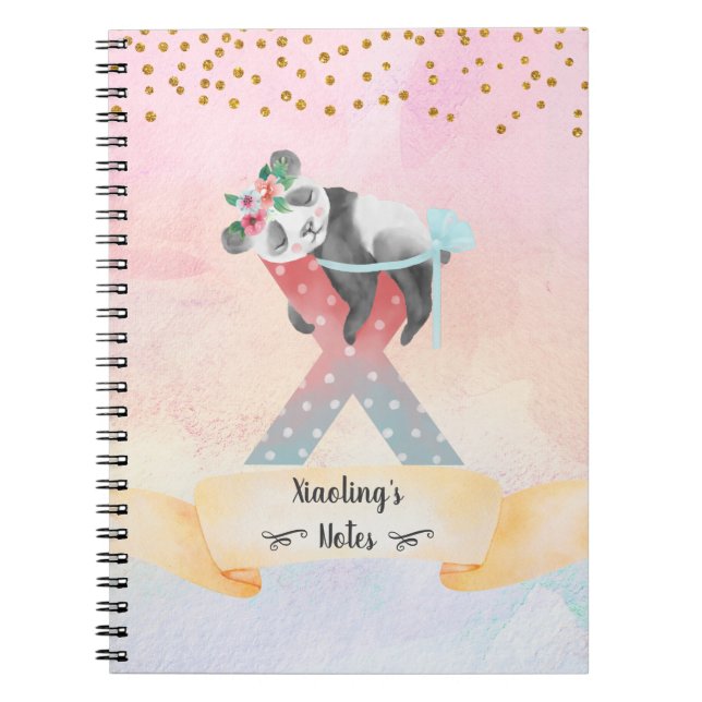 Caderno Espiral Monograma - Letra X Baby Panda Girl Diário (Frente)