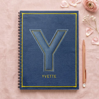 Caderno Espiral Monograma Letra Y com Costura Amarela em Denim Fal