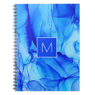 Caderno Espiral Monograma Moderno Abstrato Lavagem de Tinta Azul