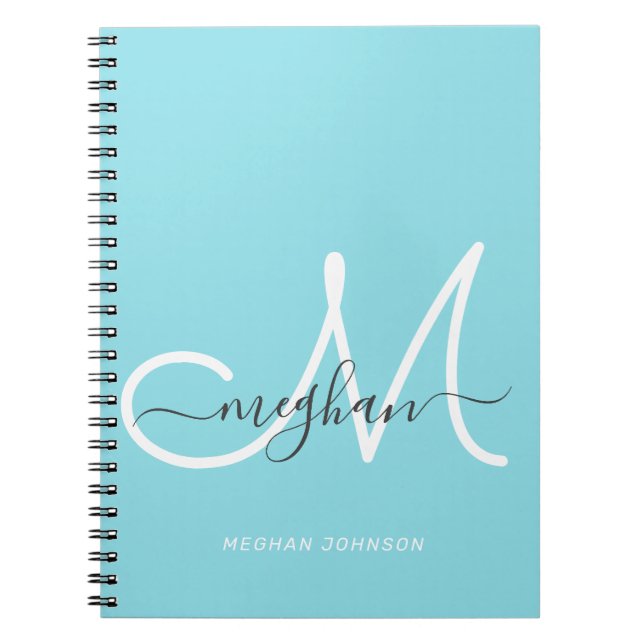 Caderno Espiral Monograma Moderno Chic em Azul Claro e Branco com  (Frente)