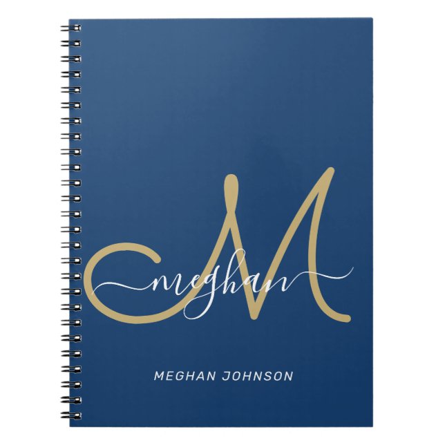 Caderno Espiral Monograma Moderno Chic em Dourado e Azul Marinho (Frente)