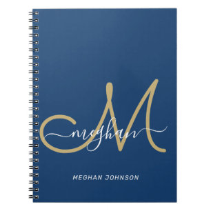 Caderno Espiral Monograma Moderno Chique em Dourado e Azul Marinho
