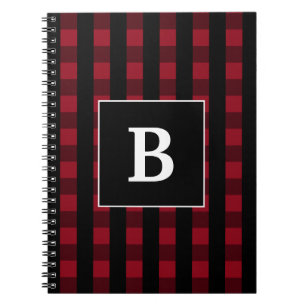Caderno Espiral Monograma Moderno de Xadrez Búfalo Vermelho e Pret