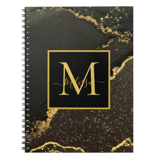 Caderno Espiral Monograma moderno Dourado e preto marmoreado (Frente)