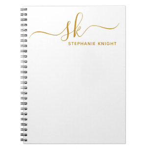 Caderno Espiral Monograma Moderno em Ouro com Caligrafia Personali