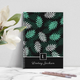 Caderno Espiral Monograma Moderno Folhas Verdes Botânicas i