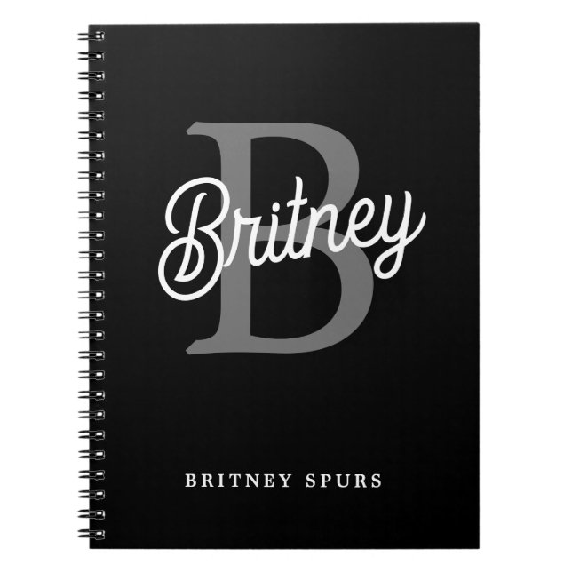 Caderno Espiral Monograma Moderno Nome do Elegante Script de Cinza (Frente)