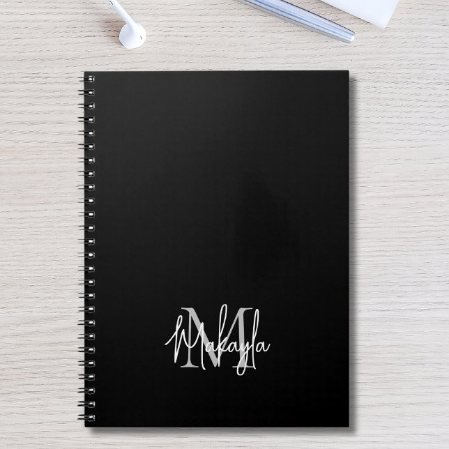 Caderno Espiral Monograma Moderno Personalizado Preto (Criador carregado)