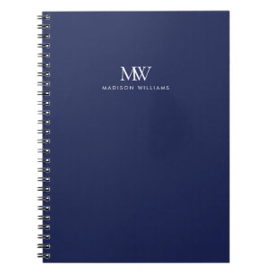 Caderno Espiral Monograma Moderno Simples Elegante Azul Marinho