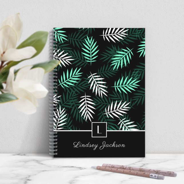 Caderno Espiral Monograma Moderno Vernais Botânicos (Modern Monogram Botanical Green Leaves i Notebook)