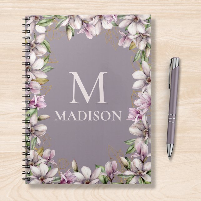 Caderno Espiral Monograma Monograma Magnolia Floral Personalizada (Criador carregado)