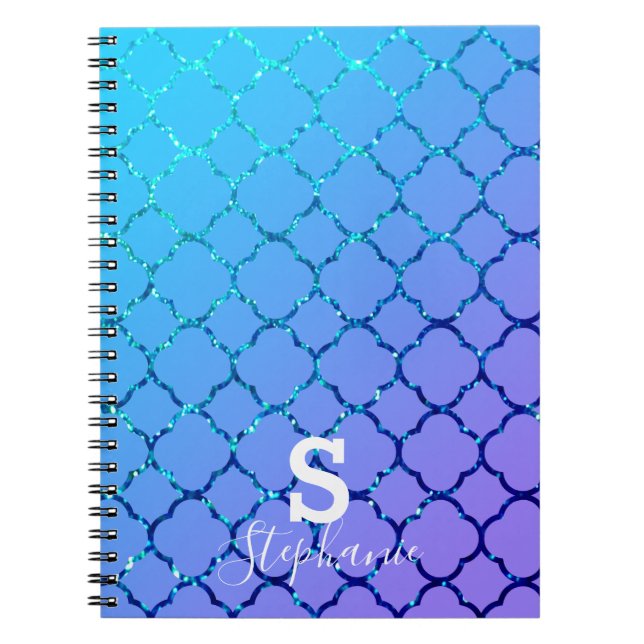 Caderno Espiral Monograma Nome inicial Azul Glitter Quatrefoil Leg (Frente)