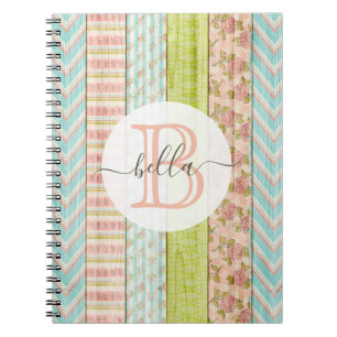 Caderno Espiral Monograma Nome Shabby Rosas em algodão de madeira 