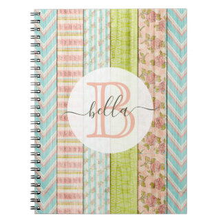 Caderno Espiral Monograma Nome Shabby Rosas em algodão de madeira