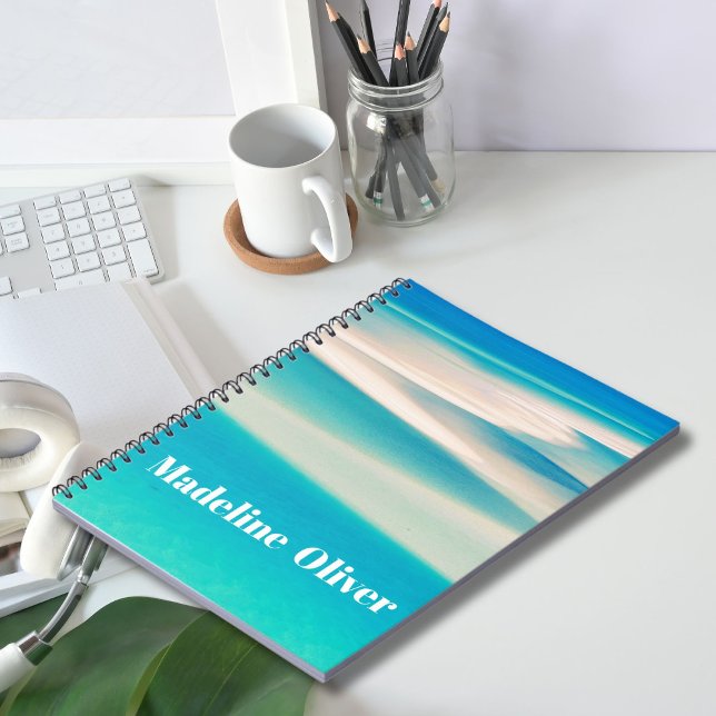Caderno Espiral Monograma Ocean Blue Sea Beach Modern (Criador carregado)