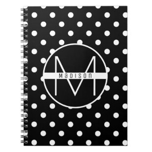 Caderno Espiral Monograma   Padrão de Bolinhas em branco e preto