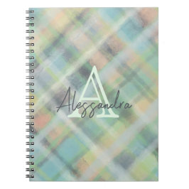 Caderno Espiral Monograma pastel tartan cinza verde