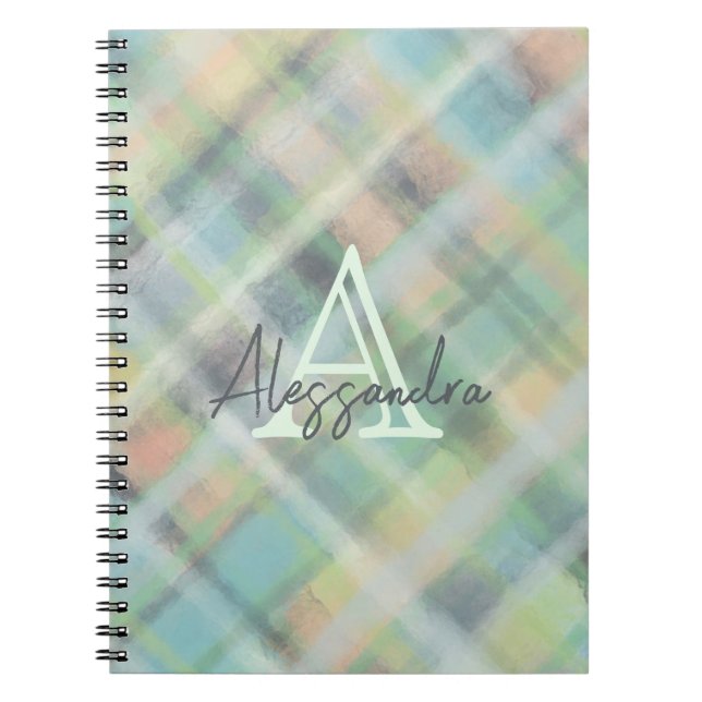 Caderno Espiral Monograma pastel tartan cinza verde (Frente)